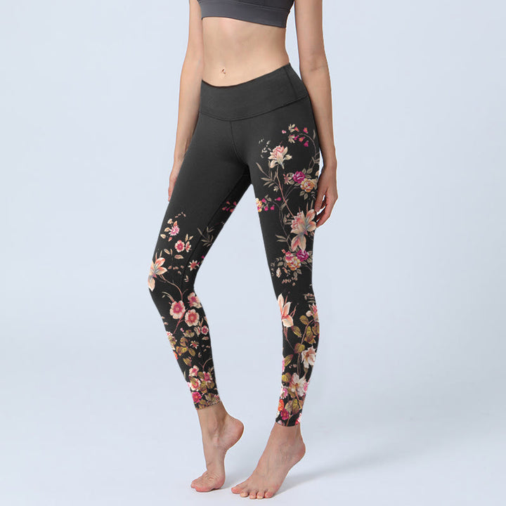 Buddha Stones Rosa Rosen Beige Blumen Print Gym Fitness Leggings Damen Yogahose - Schwarz - US18, UK/AU22, EU50 (4XL) - image 0
