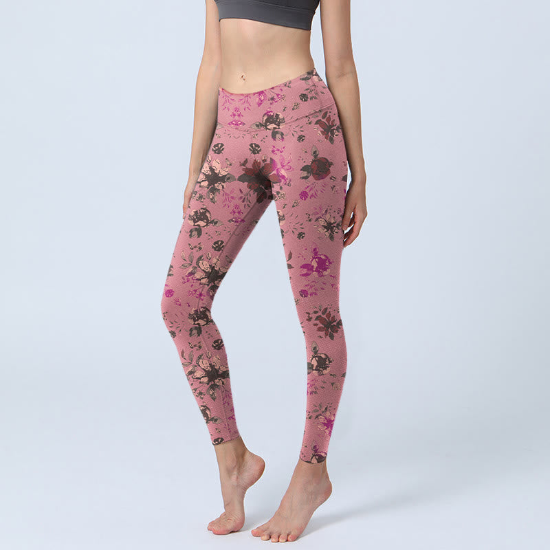 Buddha Stones ​​Rote Rosen Rosa Blätter Druck Sport Fitness Leggings frauen Yoga Hosen - BlassViolettRot - US18， UK/AU22，EU50 (4XL) - image 1