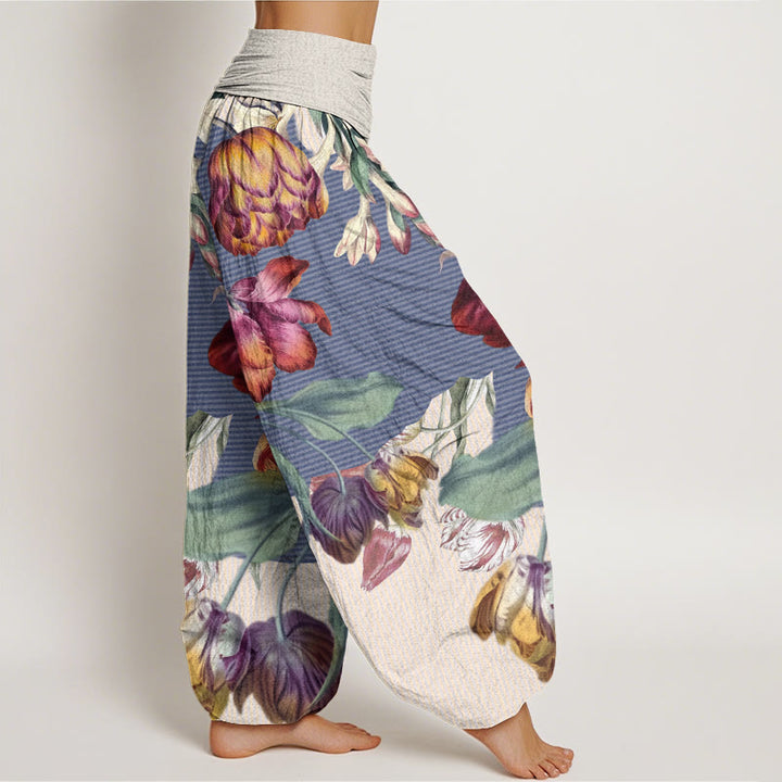 Buddha Stones, Tulpen, grüne Blätter, Design, elastische Taille, Haremshose für Damen