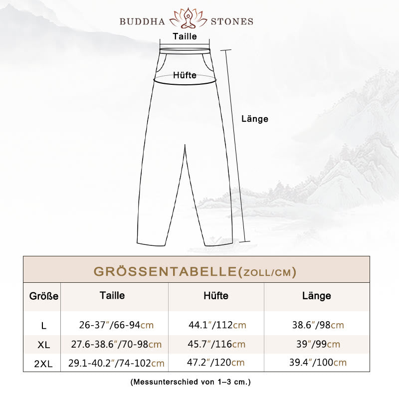 Buddha Stones Lässige, einfarbige, konisch zulaufende, elastische Taillenhose aus Baumwollleinen für Damen mit Taschen