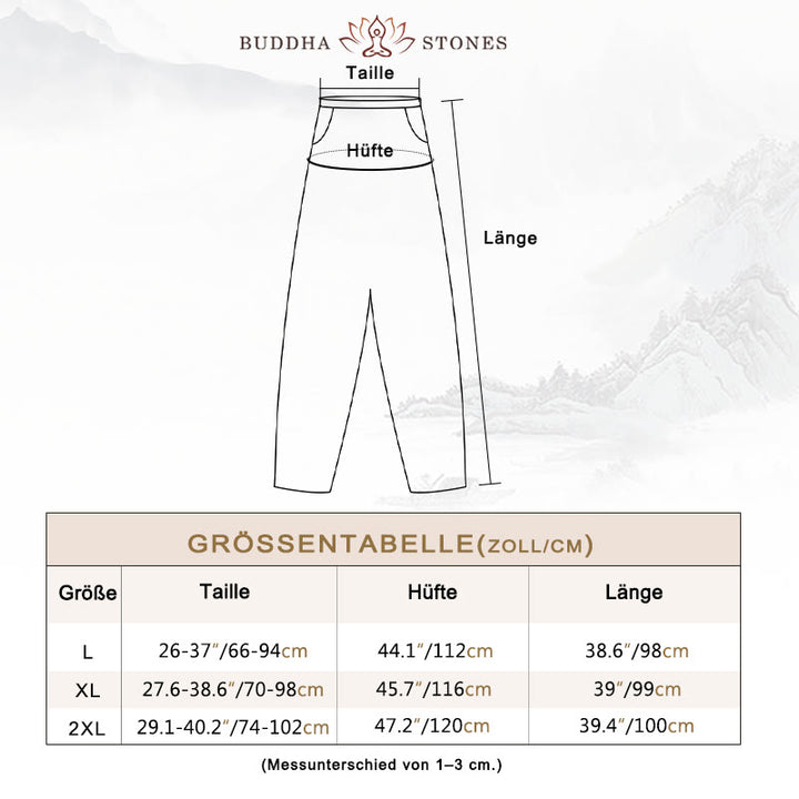 Buddha Stones Lässige, einfarbige, konisch zulaufende, elastische Taillenhose aus Baumwollleinen für Damen mit Taschen