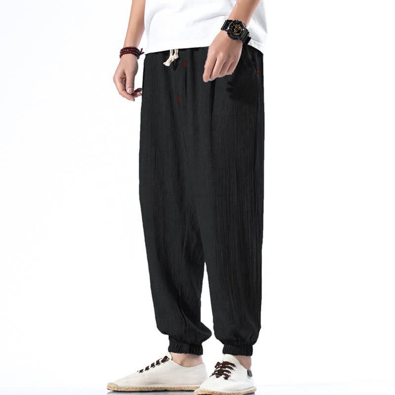 Buddha Stones Lässige, einfarbige Herrenhose aus Leinen mit Kordelzug und Taschen - Schwarz - US/ UK/AU46，EU56 (5XL) - image 10