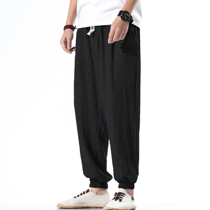 Buddha Stones Lässige, einfarbige Herrenhose aus Leinen mit Kordelzug und Taschen - Schwarz - US/ UK/AU46，EU56 (5XL) - image 10