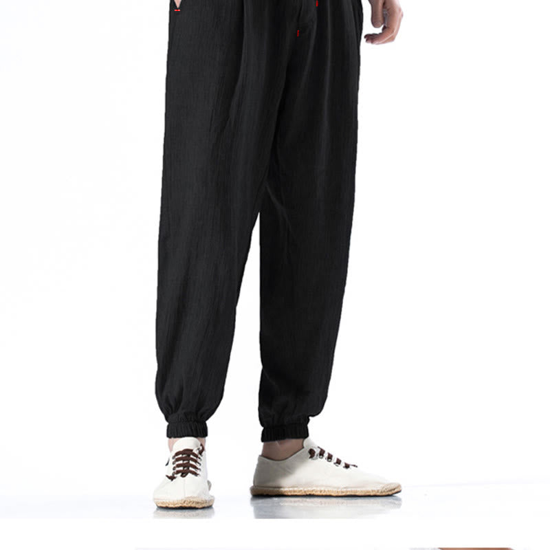 Buddha Stones Lässige, einfarbige Herrenhose aus Leinen mit Kordelzug und Taschen - image 13