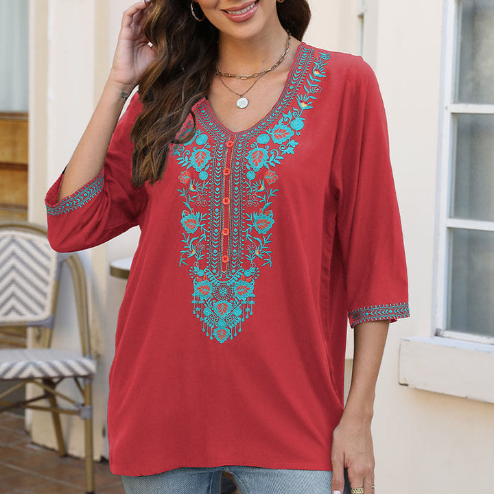 Buddha Stones Sommer Casual Stickerei Blume Blatt Halbarm V-Ausschnitt Baumwolle Damen T-Shirt - Purpurrot - US12, UK/AU16, EU44 (3XL) - image 16
