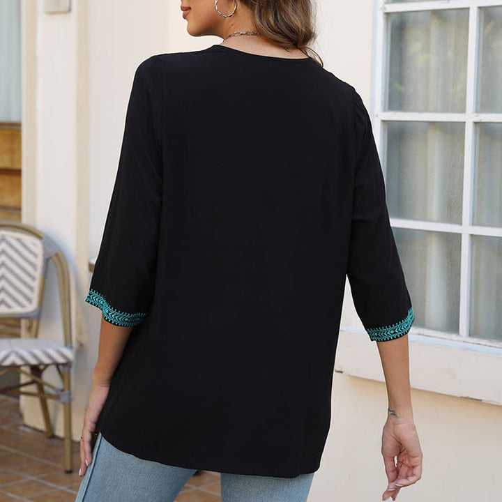 Buddha Stones Sommer Casual Stickerei Blume Blatt Halbarm V-Ausschnitt Baumwolle Damen T-Shirt - image 7