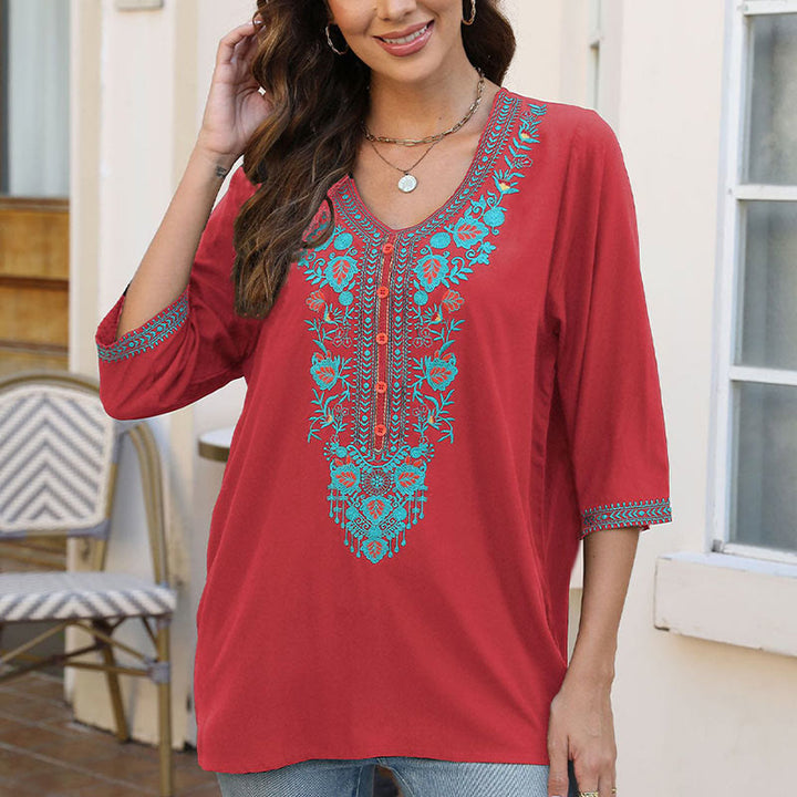 Buddha Stones Sommer Casual Stickerei Blume Blatt Halbarm V-Ausschnitt Baumwolle Damen T-Shirt - image 20