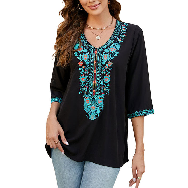 Buddha Stones Sommer Casual Stickerei Blume Blatt Halbarm V-Ausschnitt Baumwolle Damen T-Shirt - image 9