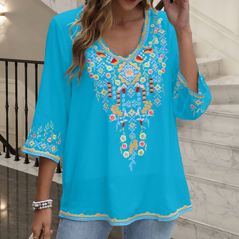 Buddha Stones Spring Daily Stickerei Blumenmuster Langarm V-Ausschnitt Baumwolle Damen T-Shirt - image 18