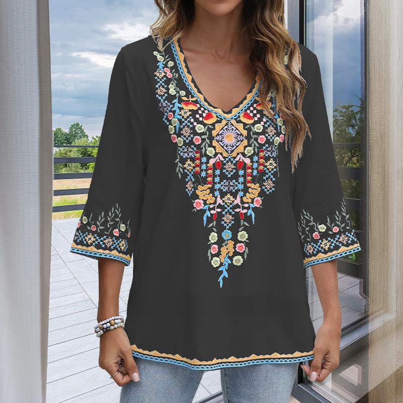 Buddha Stones Spring Daily Stickerei Blumenmuster Langarm V-Ausschnitt Baumwolle Damen T-Shirt - image 1
