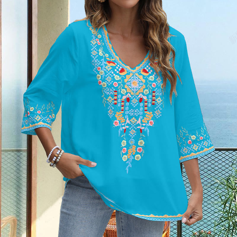 Buddha Stones Spring Daily Stickerei Blumenmuster Langarm V-Ausschnitt Baumwolle Damen T-Shirt - image 19