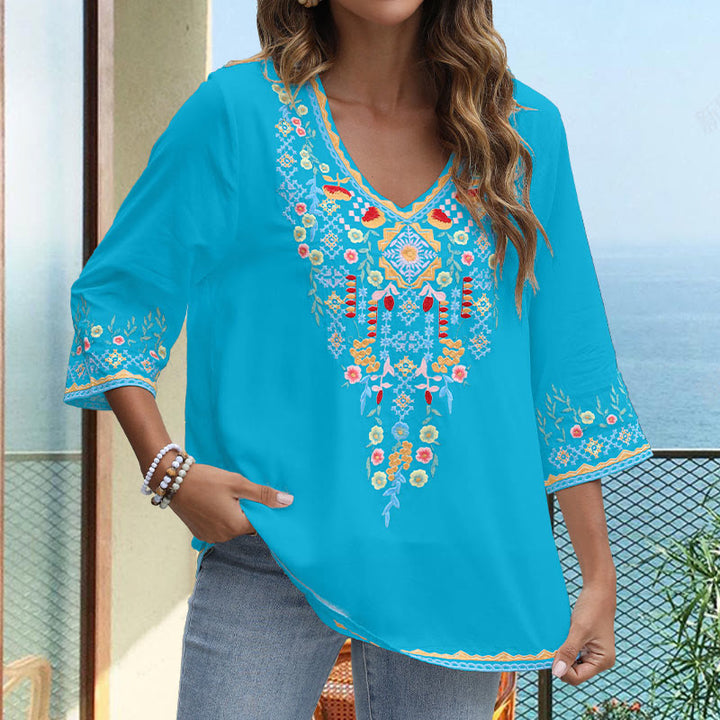 Buddha Stones Spring Daily Stickerei Blumenmuster Langarm V-Ausschnitt Baumwolle Damen T-Shirt - image 19