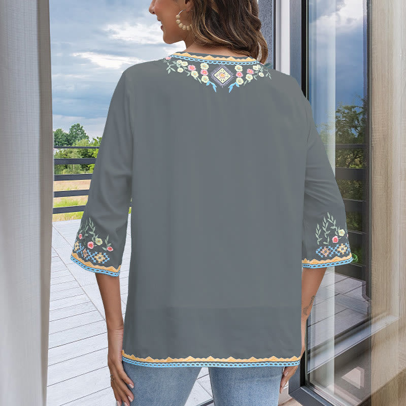 Buddha Stones Spring Daily Stickerei Blumenmuster Langarm V-Ausschnitt Baumwolle Damen T-Shirt - image 12