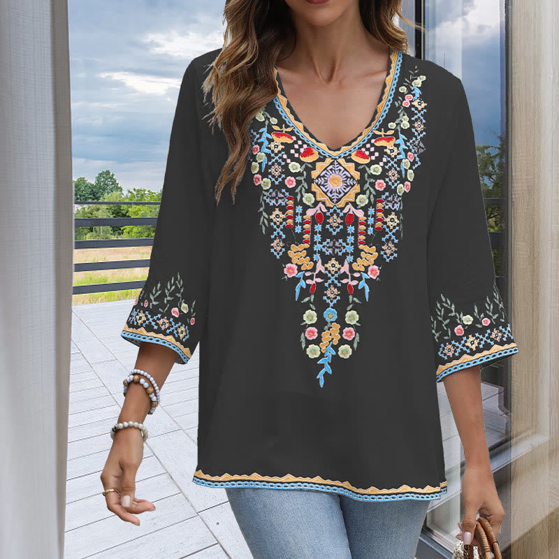 Buddha Stones Spring Daily Stickerei Blumenmuster Langarm V-Ausschnitt Baumwolle Damen T-Shirt - Schwarz - US12, UK/AU16, EU44 (3XL) - image 0