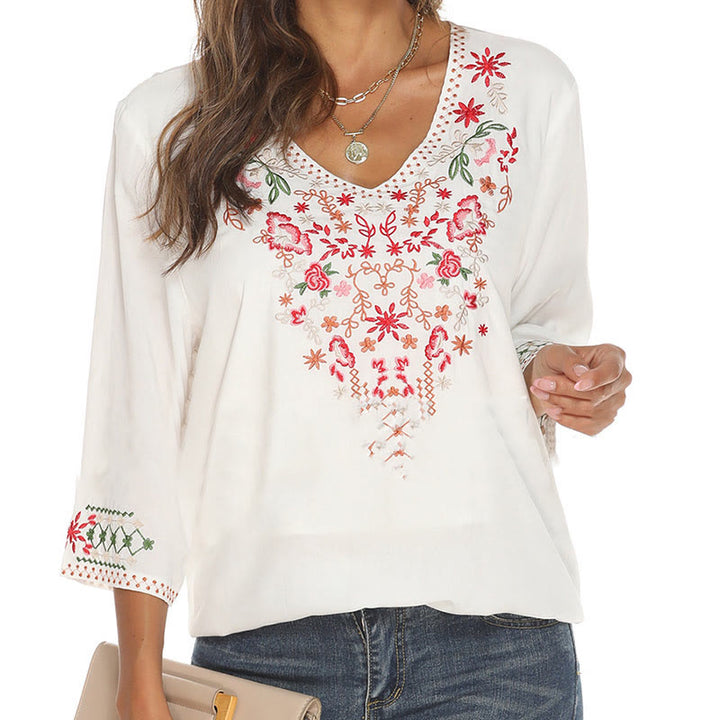 Buddha Stones Sommer Stickerei Blume Einfaches Design Dreiviertelärmel V-Ausschnitt Baumwolle Damen T-Shirt - image 8