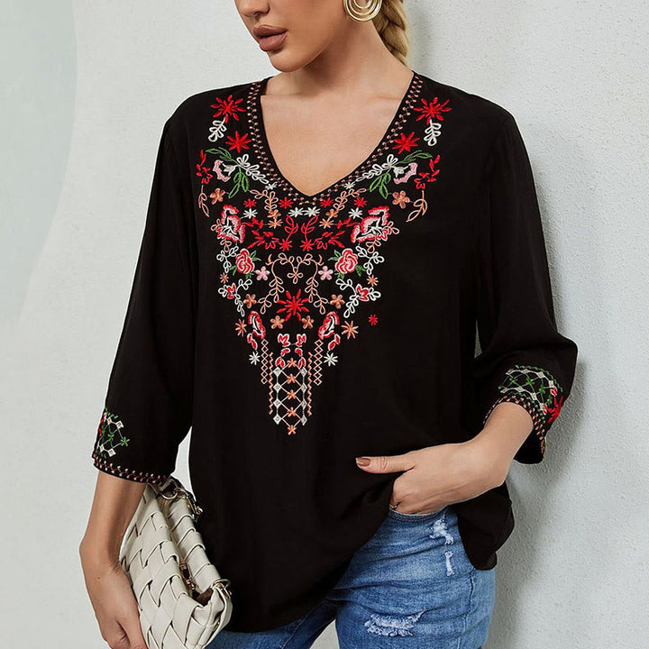 Buddha Stones Sommer Stickerei Blume Einfaches Design Dreiviertelärmel V-Ausschnitt Baumwolle Damen T-Shirt - image 2
