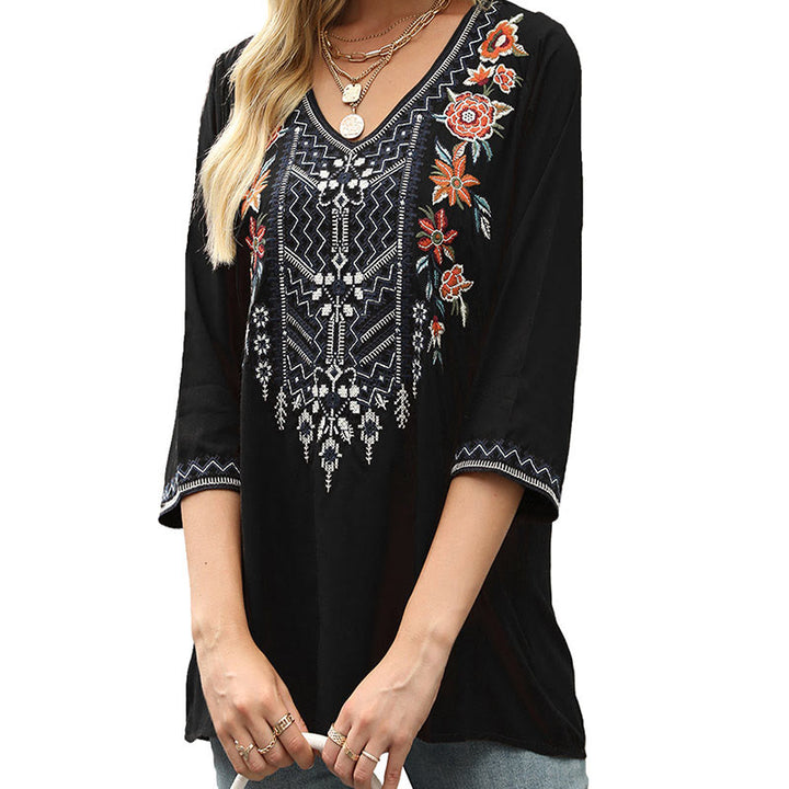 Buddha Stones Frühlings-T-Shirt für Damen, schlicht, mit floralem Stickereimuster, Dreiviertelärmeln und V-Ausschnitt - Schwarz - US12, UK/AU16, EU44 (3XL) - image 7