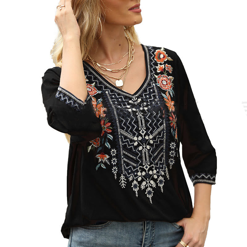 Buddha Stones Frühlings-T-Shirt für Damen, schlicht, mit floralem Stickereimuster, Dreiviertelärmeln und V-Ausschnitt - image 10