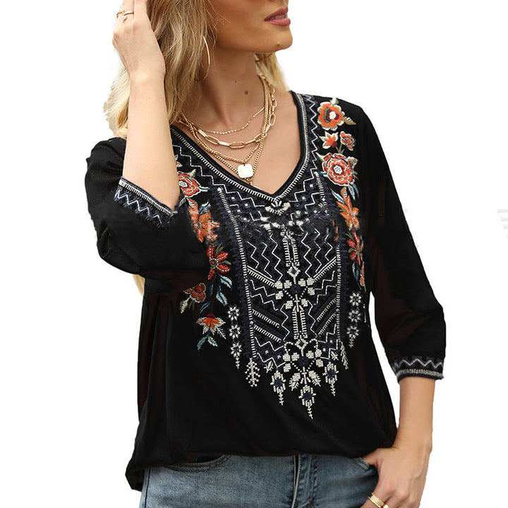 Buddha Stones Frühlings-T-Shirt für Damen, schlicht, mit floralem Stickereimuster, Dreiviertelärmeln und V-Ausschnitt - image 10