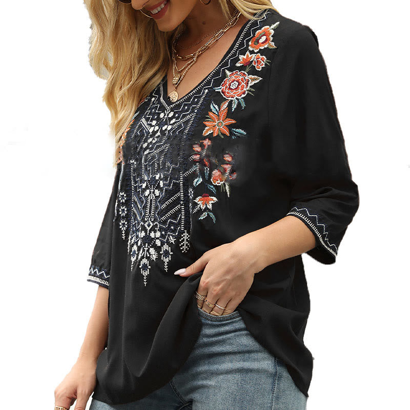 Buddha Stones Frühlings-T-Shirt für Damen, schlicht, mit floralem Stickereimuster, Dreiviertelärmeln und V-Ausschnitt - image 11