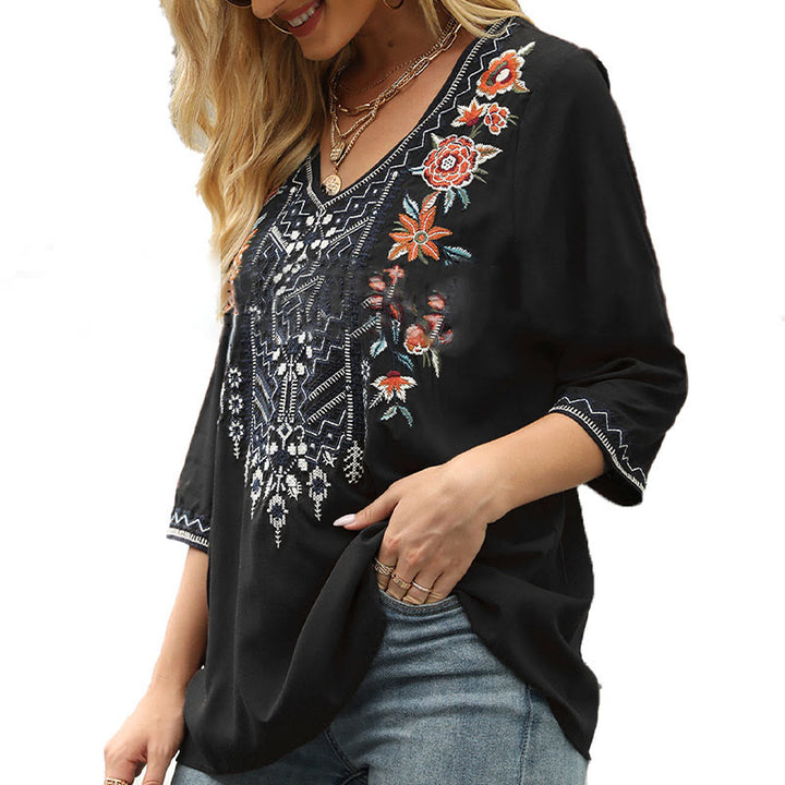Buddha Stones Frühlings-T-Shirt für Damen, schlicht, mit floralem Stickereimuster, Dreiviertelärmeln und V-Ausschnitt - image 11