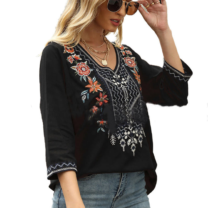 Buddha Stones Frühlings-T-Shirt für Damen, schlicht, mit floralem Stickereimuster, Dreiviertelärmeln und V-Ausschnitt - image 9