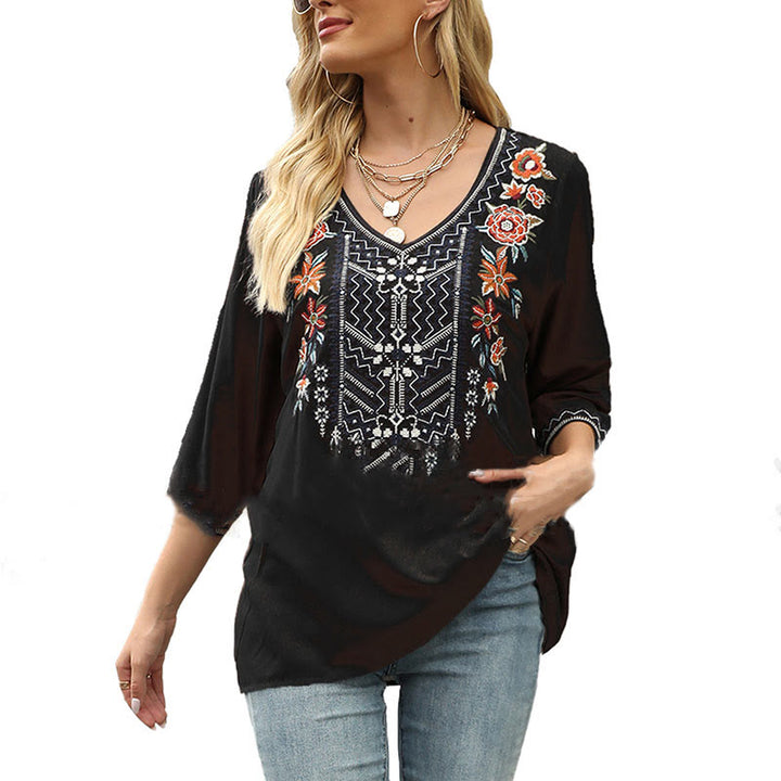 Buddha Stones Frühlings-T-Shirt für Damen, schlicht, mit floralem Stickereimuster, Dreiviertelärmeln und V-Ausschnitt - image 8