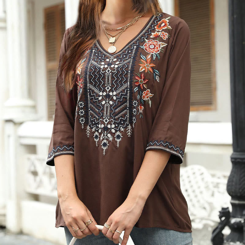 Buddha Stones Frühlings-T-Shirt für Damen, schlicht, mit floralem Stickereimuster, Dreiviertelärmeln und V-Ausschnitt - Sienna - US12, UK/AU16, EU44 (3XL) - image 0