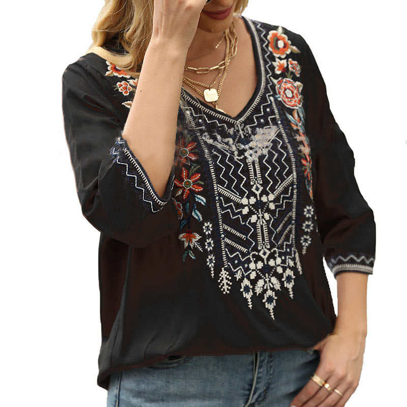 Buddha Stones Frühlings-T-Shirt für Damen, schlicht, mit floralem Stickereimuster, Dreiviertelärmeln und V-Ausschnitt - image 13