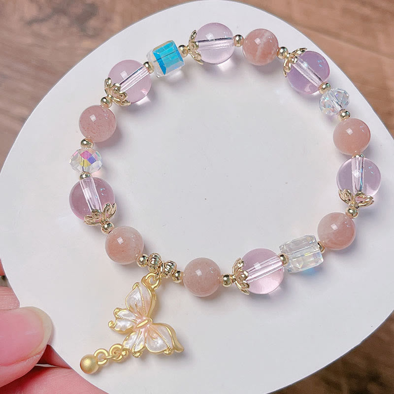 Buddha Stones Armband mit natürlichem Amethyst, Sonnenstein, Schmetterling, Frieden