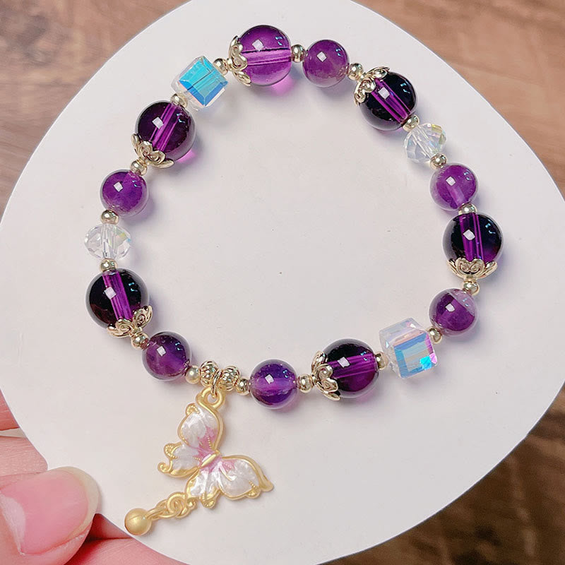 Buddha Stones Armband mit natürlichem Amethyst, Sonnenstein, Schmetterling, Frieden
