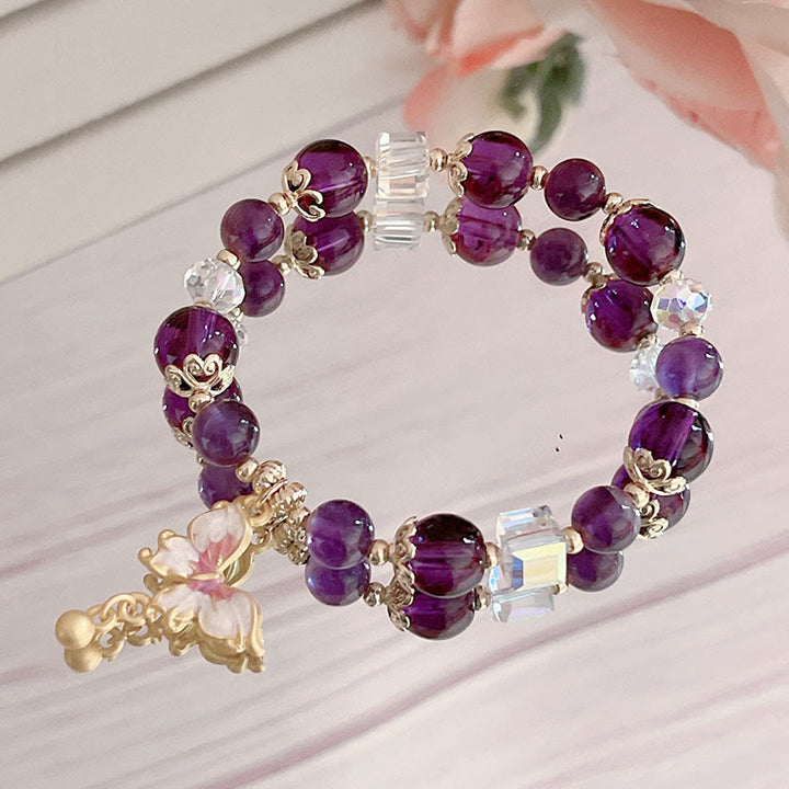 Buddha Stones Armband mit natürlichem Amethyst, Sonnenstein, Schmetterling, Frieden