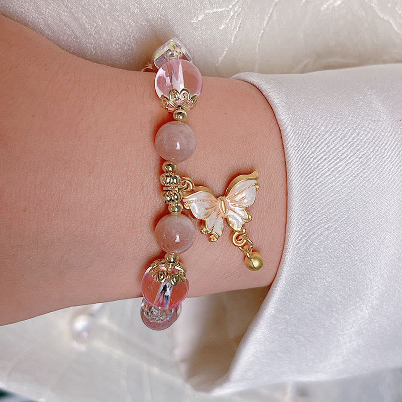 Buddha Stones Armband mit natürlichem Amethyst, Sonnenstein, Schmetterling, Frieden