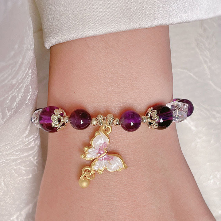 Buddha Stones Armband mit natürlichem Amethyst, Sonnenstein, Schmetterling, Frieden