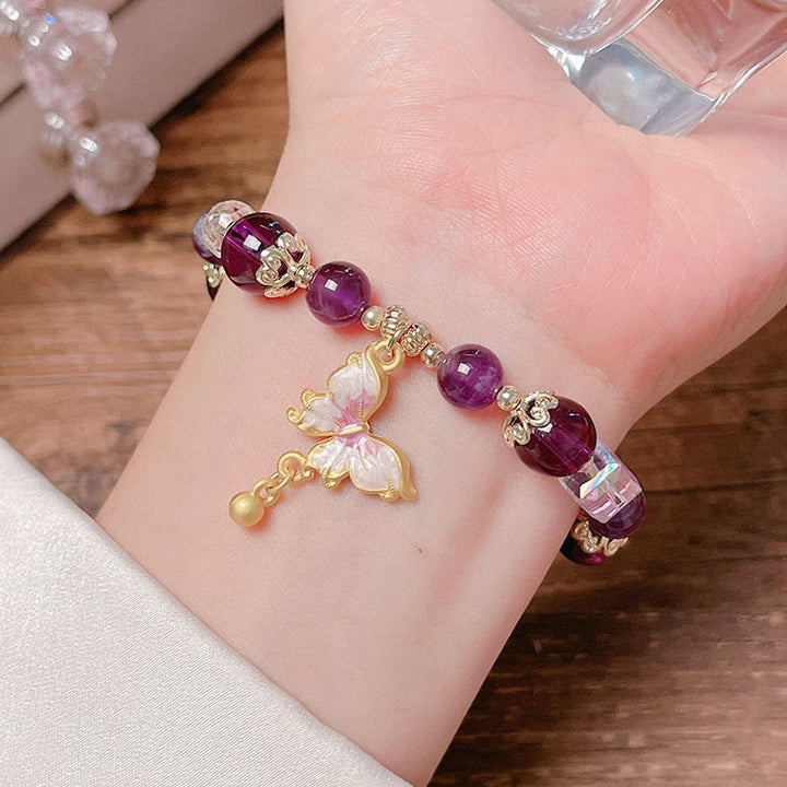 Buddha Stones Armband mit natürlichem Amethyst, Sonnenstein, Schmetterling, Frieden