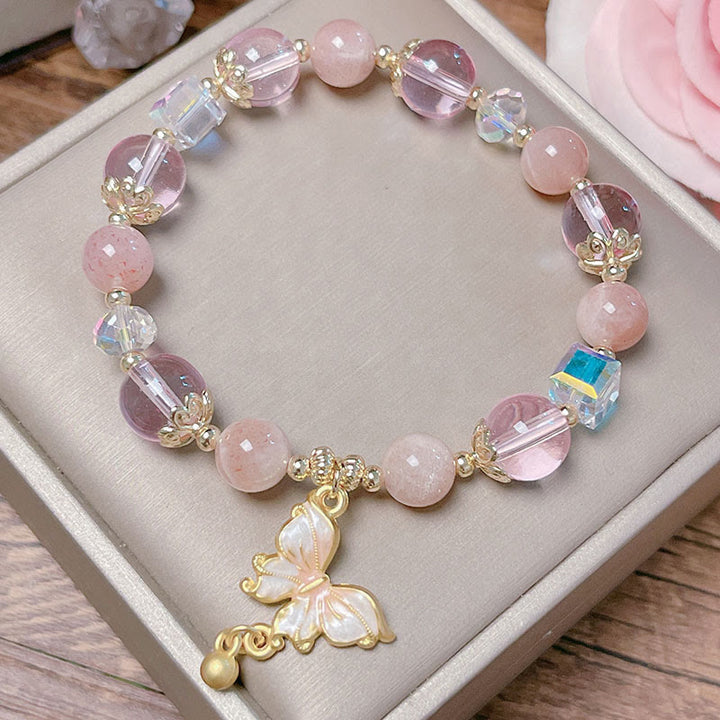 Buddha Stones Armband mit natürlichem Amethyst, Sonnenstein, Schmetterling, Frieden
