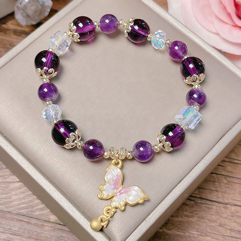 Buddha Stones Armband mit natürlichem Amethyst, Sonnenstein, Schmetterling, Frieden