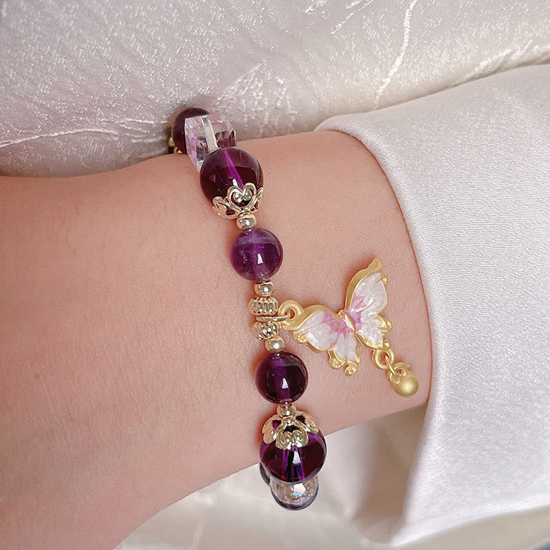 Buddha Stones Armband mit natürlichem Amethyst, Sonnenstein, Schmetterling, Frieden