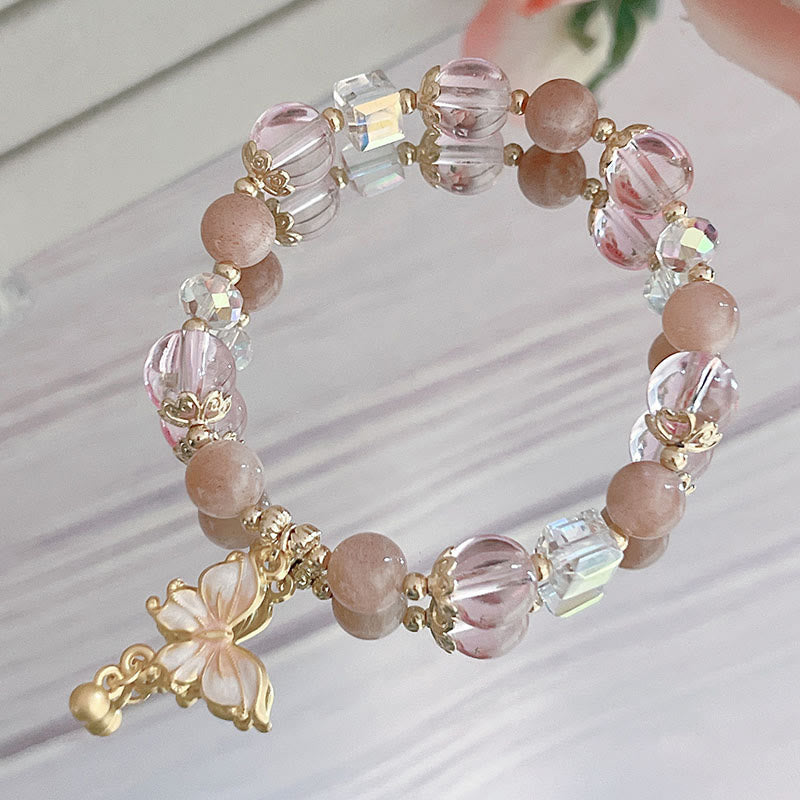 Buddha Stones Armband mit natürlichem Amethyst, Sonnenstein, Schmetterling, Frieden