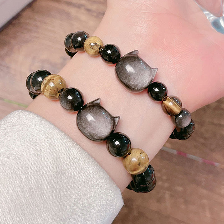 Buddha Stones Natürliche Silber Glanz Obsidian Perlen Süße Katze Beruhigendes Armband - image 9