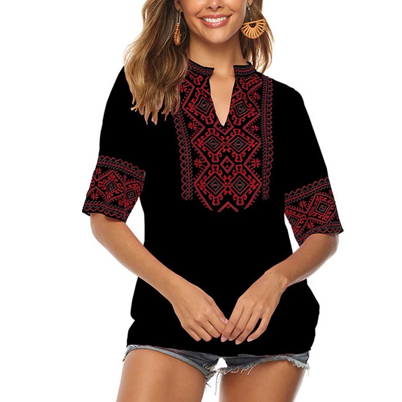 Buddha Stones Sommer Boho Stickerei Blumenmuster Halbarm V-Ausschnitt Baumwolle Damen T-Shirt