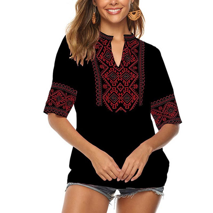 Buddha Stones Sommer Boho Stickerei Blumenmuster Halbarm V-Ausschnitt Baumwolle Damen T-Shirt