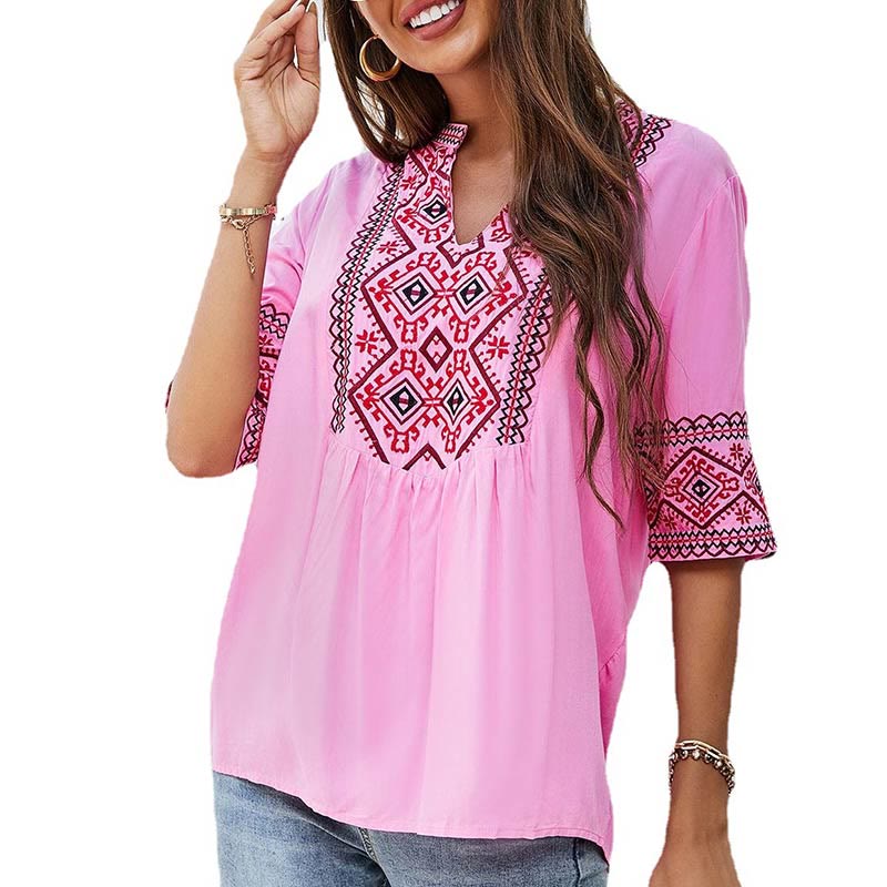 Buddha Stones Sommer Boho Stickerei Blumenmuster Halbarm V-Ausschnitt Baumwolle Damen T-Shirt