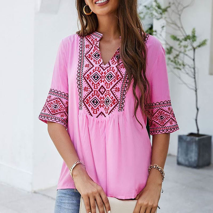 Buddha Stones Sommer Boho Stickerei Blumenmuster Halbarm V-Ausschnitt Baumwolle Damen T-Shirt