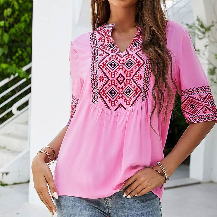 Buddha Stones Sommer Boho Stickerei Blumenmuster Halbarm V-Ausschnitt Baumwolle Damen T-Shirt