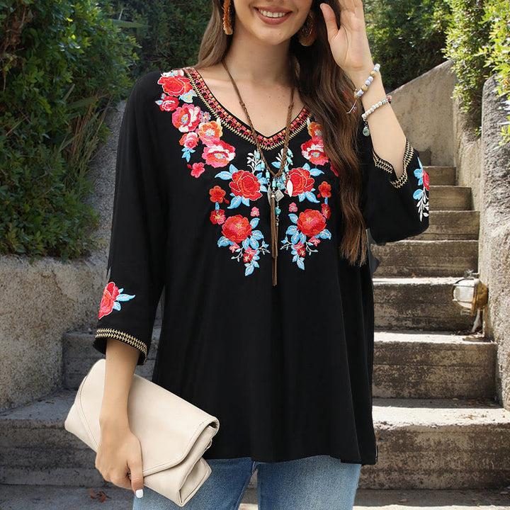 Buddha Stones Damen-T-Shirt aus Baumwolle mit lässiger Stickerei und Rosenmuster, Dreiviertelärmel, Rundhalsausschnitt - Schwarz - US12, UK/AU16, EU44 (3XL) - image 0