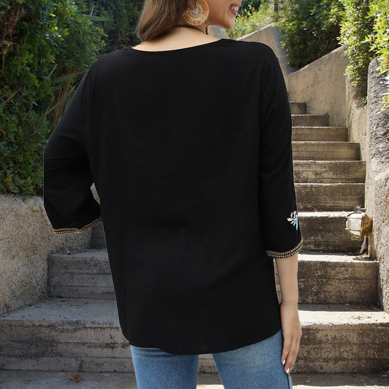 Buddha Stones Damen-T-Shirt aus Baumwolle mit lässiger Stickerei und Rosenmuster, Dreiviertelärmel, Rundhalsausschnitt - image 3