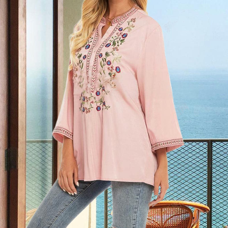 Damen-T-Shirt aus Baumwolle mit Buddha Stones und Stickerei in reiner Farbe und Blumenmuster, langärmelig, V-Ausschnitt