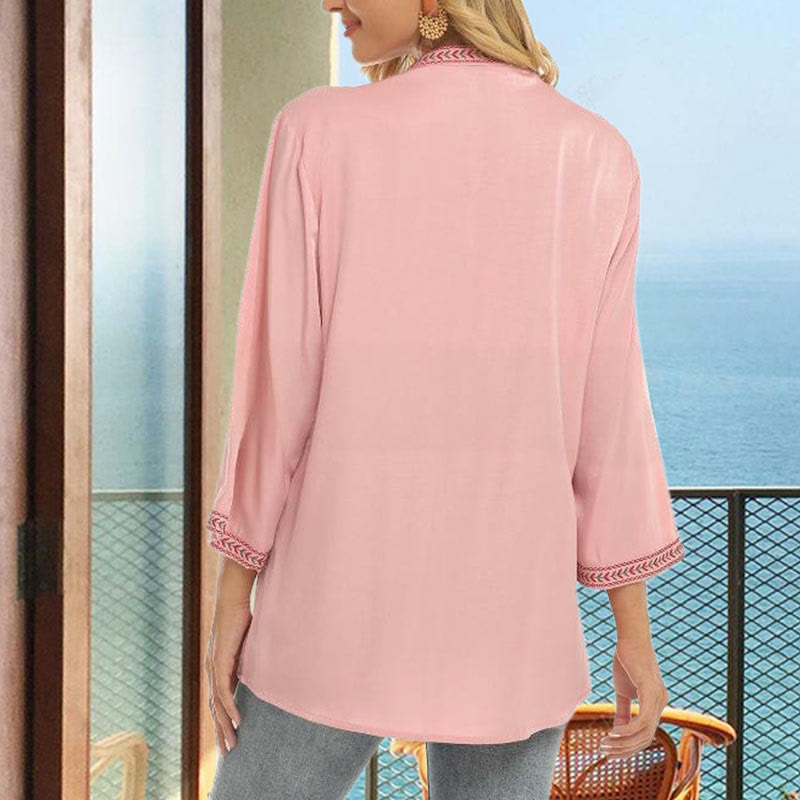 Damen-T-Shirt aus Baumwolle mit Buddha Stones und Stickerei in reiner Farbe und Blumenmuster, langärmelig, V-Ausschnitt - image 4