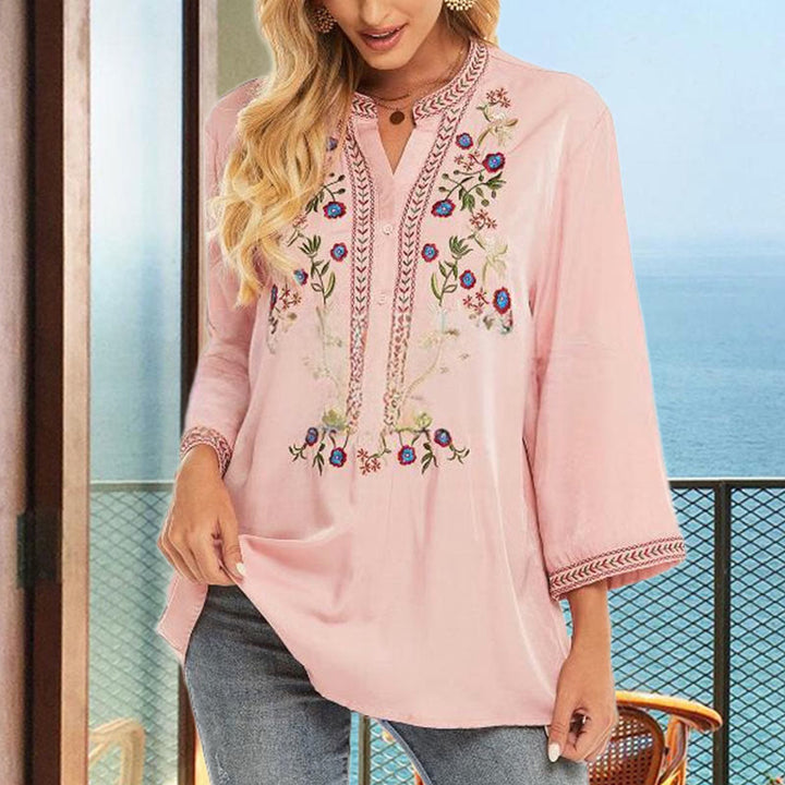 Damen-T-Shirt aus Baumwolle mit Buddha Stones und Stickerei in reiner Farbe und Blumenmuster, langärmelig, V-Ausschnitt - image 1